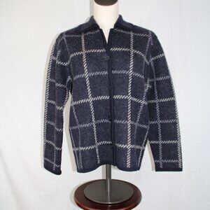 Vintage Talbots Petites Small Checkered Button Up Cardigan Navy White 100% Wool